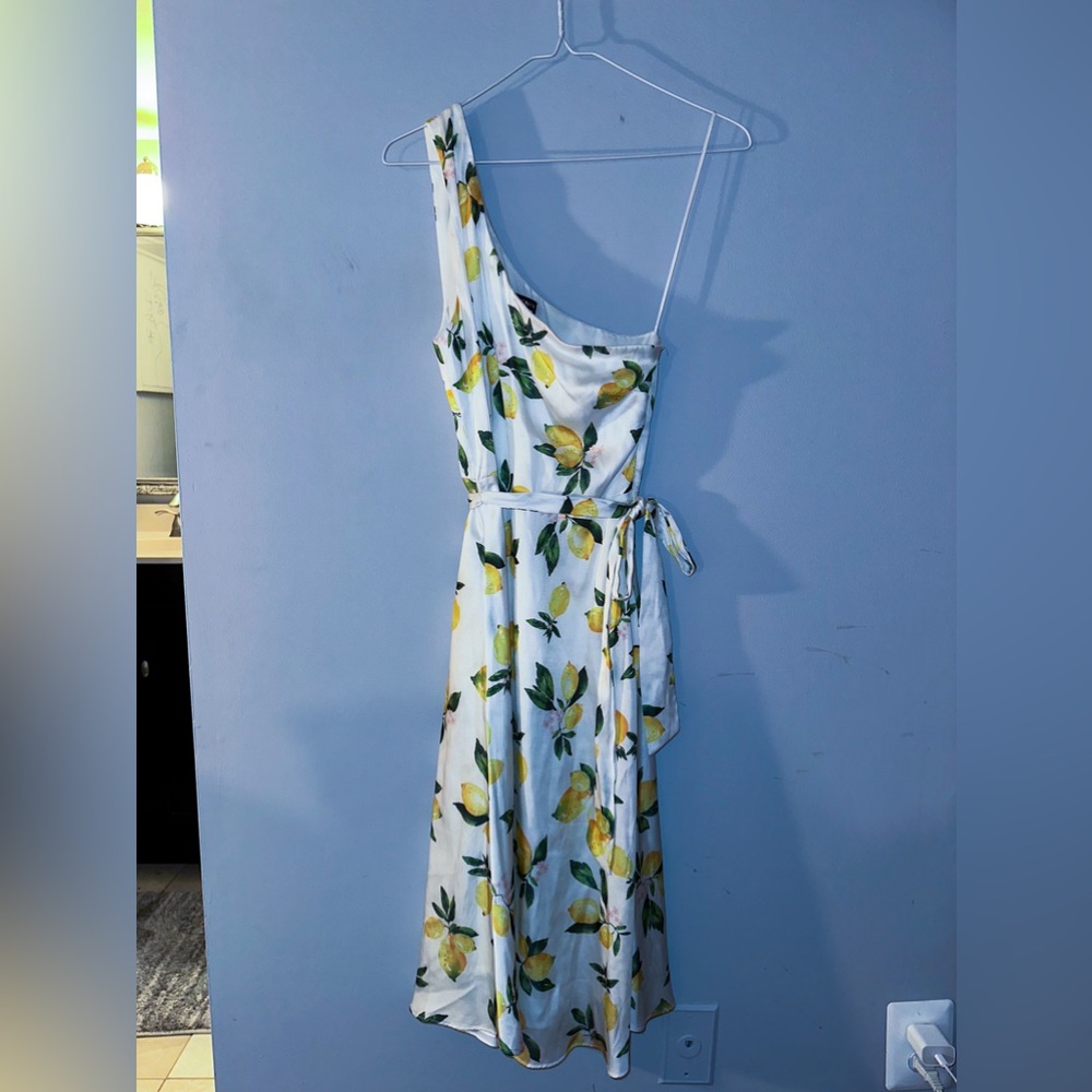small silk/satin lemon print one shoulder dress